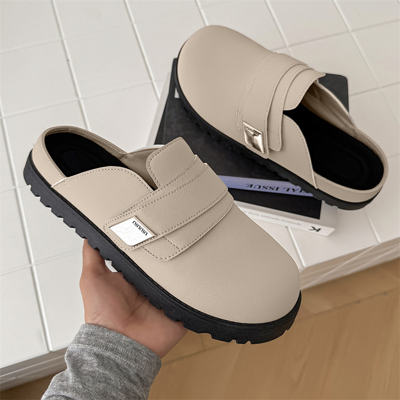 New Minimalist Metal Decor Backless Loafers For Men Soft PU Leather Lug Sole Mule Slippers Daily Commute Casual Flat Footwear