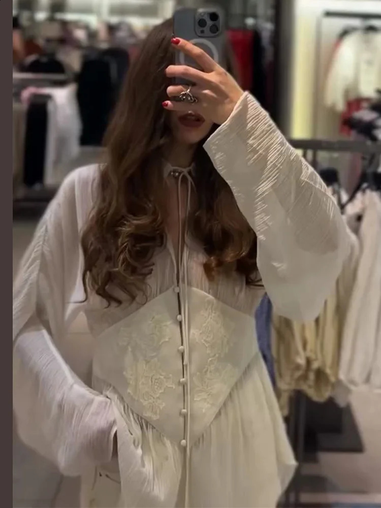 Elegant Sheer Layers Waist Cinching Blouse Women Lapel Long Sleeve Embroidery Corset Irregular Tops 2026 Summer Lady Shirts 260626 - view 4