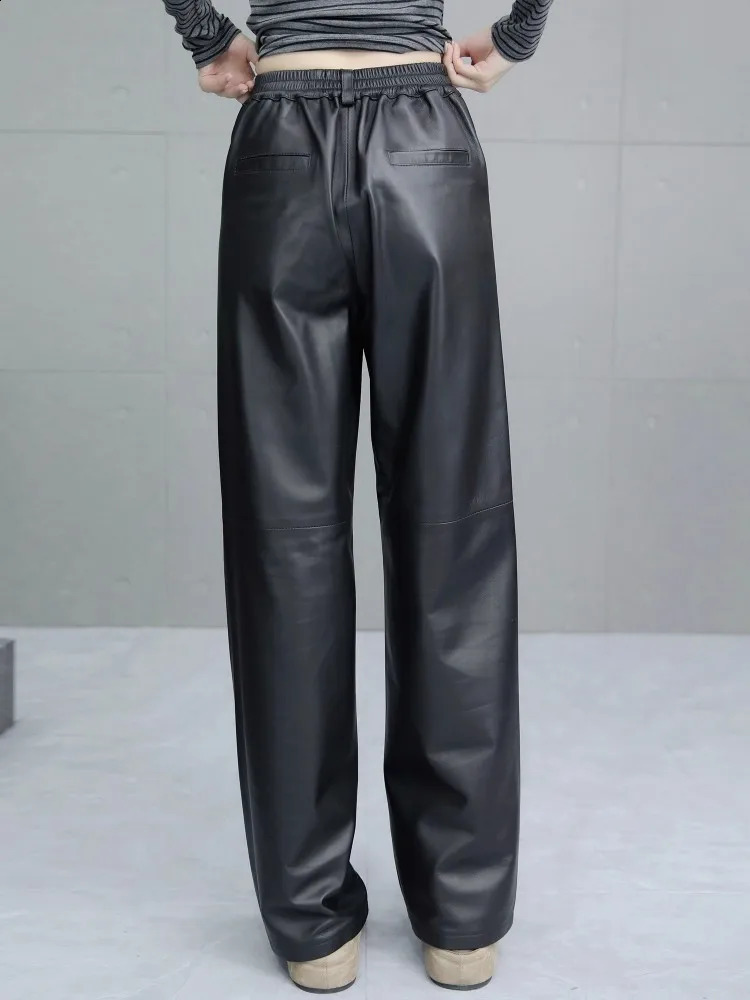 Autumn Black Genuine Leather Women Pants Straightleg Sheepskin Wide Leg Pant Elastic Waist Full Length Casual Trousers 260625 - view 3
