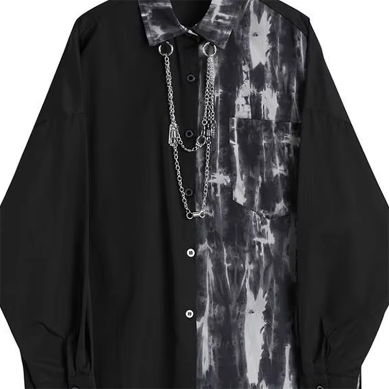 Spring Autumn Fashion Turn-down Collar Long Sleeve Tie Dye Blouse Mens Clothing Patchwork Chain Button Korean Trend Shirts 260616 - view 5