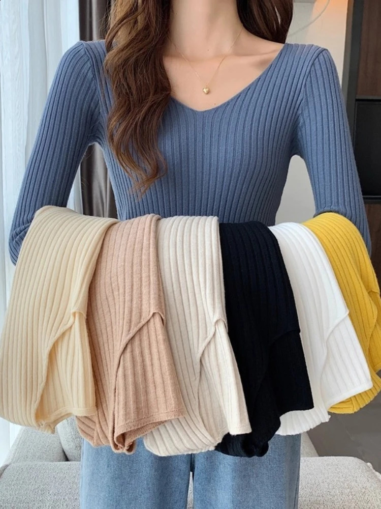 2026 Korean Autumn Winter V Neck Sweater Fashion Casual Long Sleeve Knitted Sweaters Solid Color Slim Pullovers Women Clothes 260626