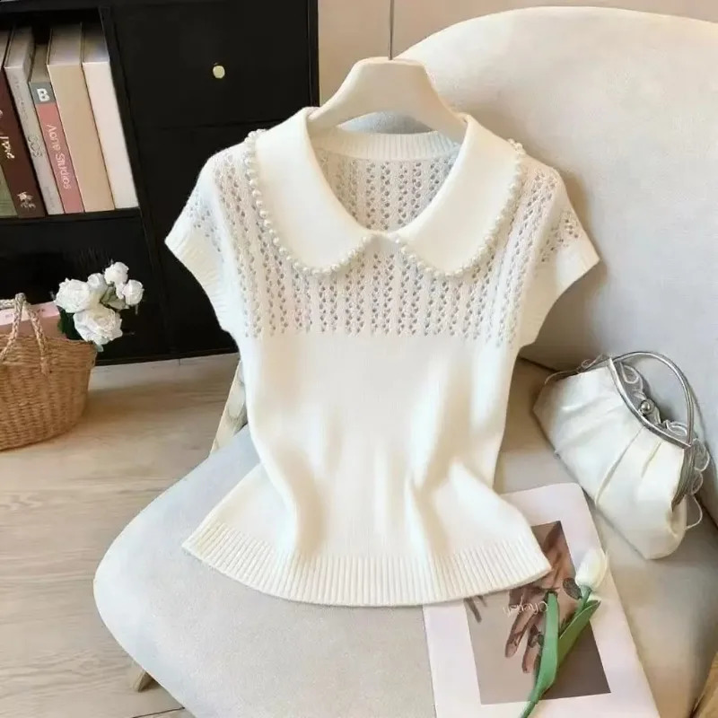 Fashion Summer Doll Collar Knitted Sweater Women Pullovers Short Sleeve Beading Knit Pullover Tops Knitwears Q4031 260626