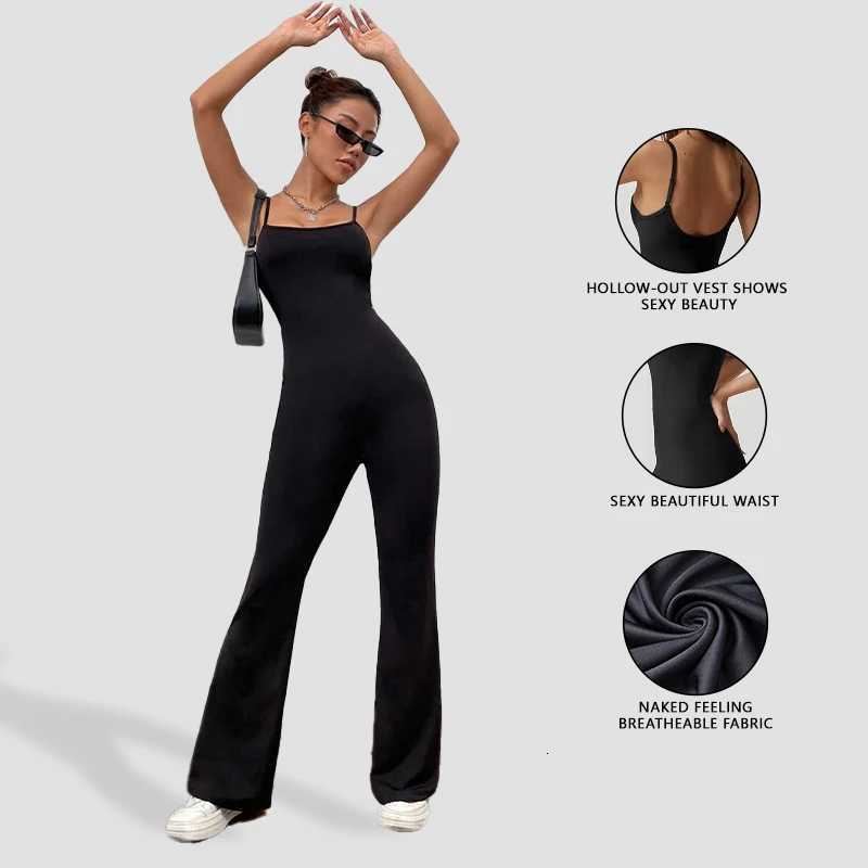 Spaghetti Sleeveless Bodycon Flare Jumpsuit Strap High Waist Bootcut Jumpsuit for Women breathable Yoga Workout Casual Outfits M260626 - view 3