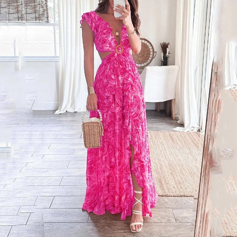 2026 Spring New Womens Fashion Printed V-neck Ruffle Hem Slit Dress - view 3