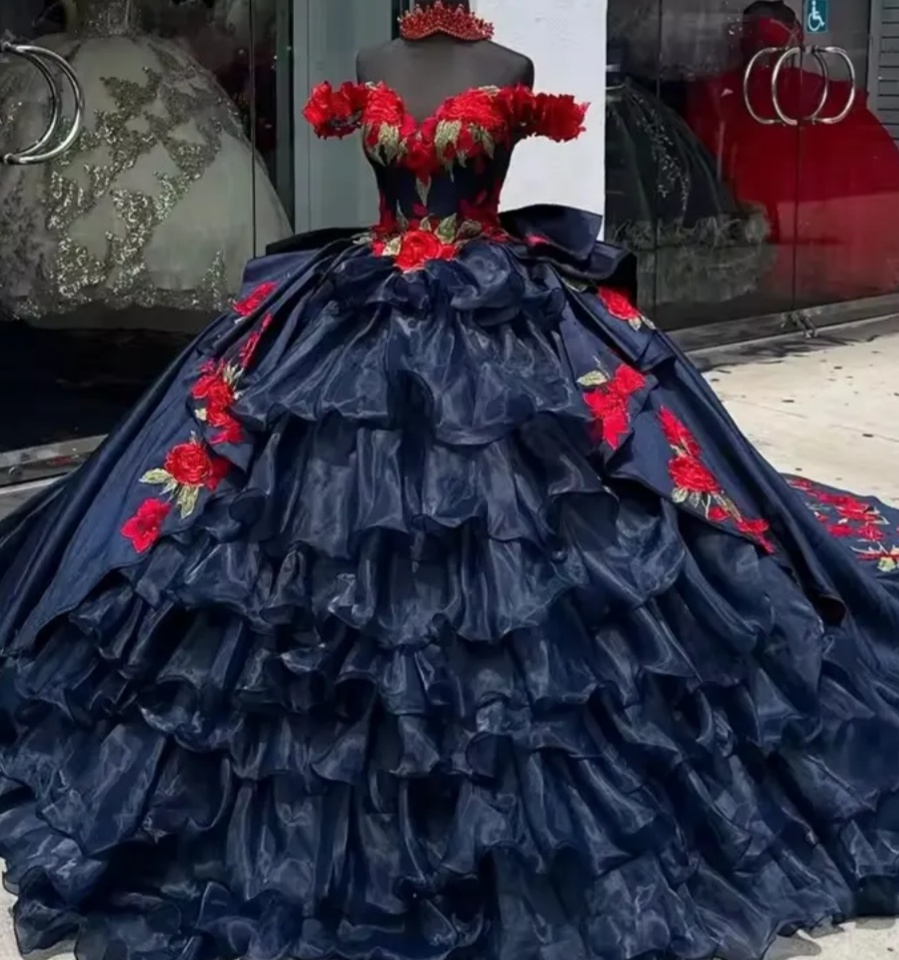 Navy off-shoulder dress with red roses, layered ruffles, and long train, matching necklace, Quinceanera vintage dress - view 3