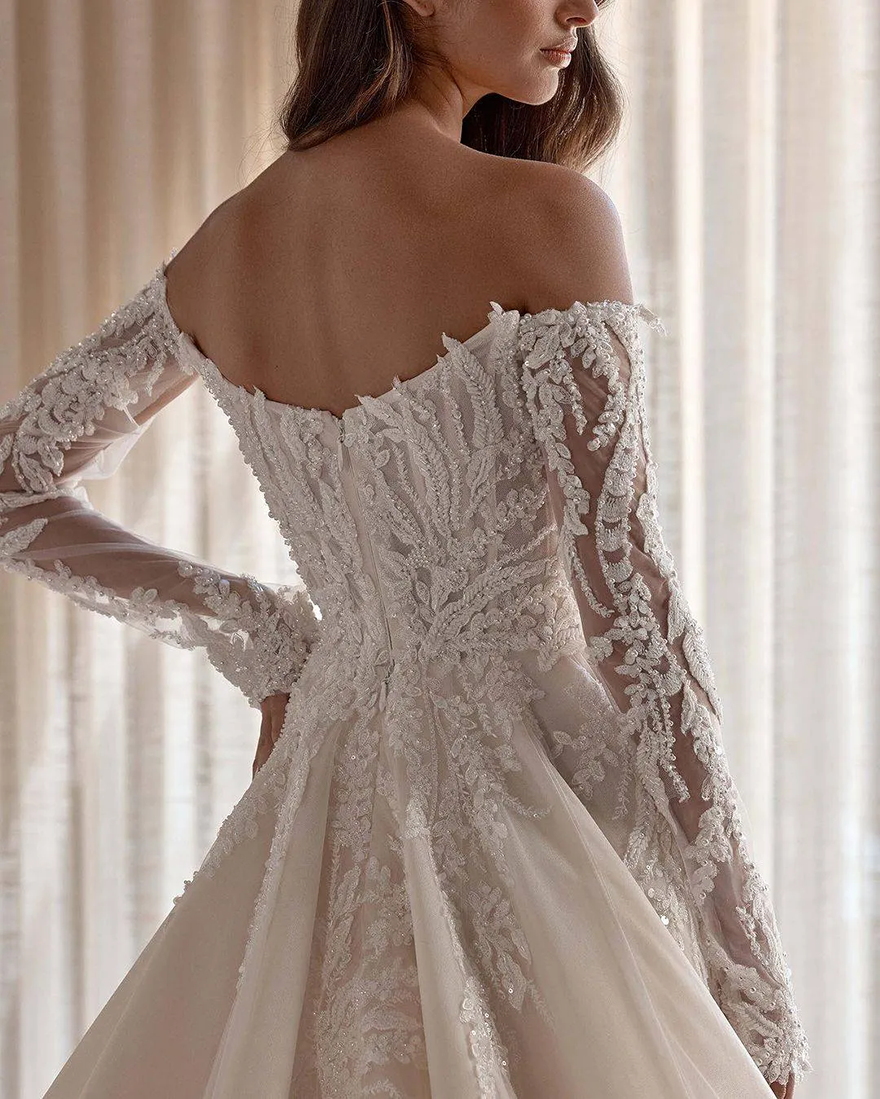Gorgeous A Line Dresses Off Shoulder Pearls Lace Bridal Gowns Long Sleeves Vestido De Novia Backless Sweep Train Boho Wedding Dress LG0118 - view 5
