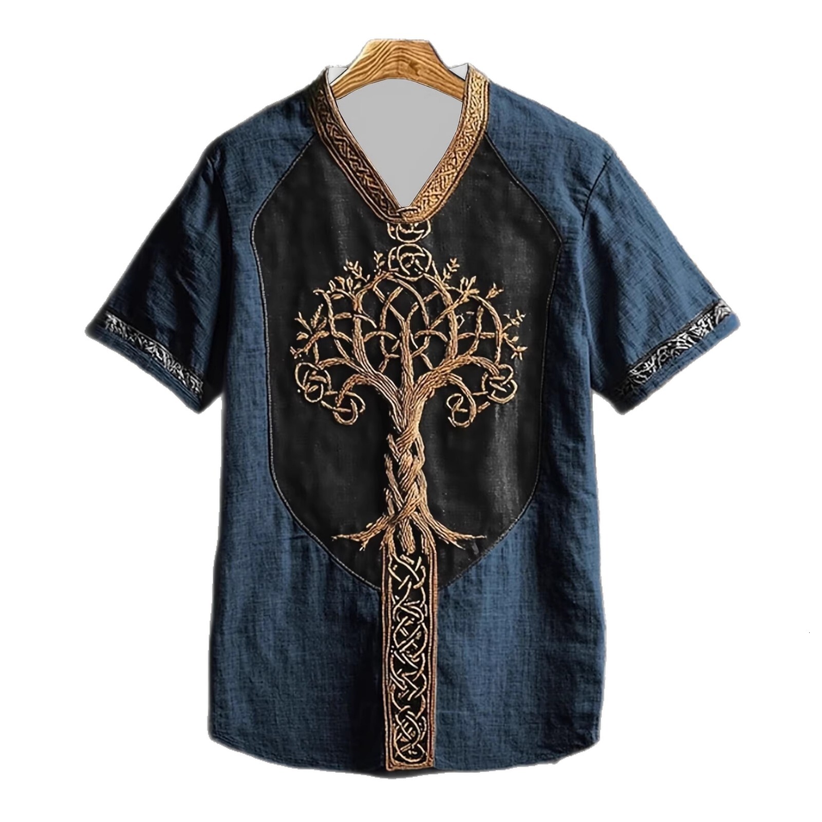 Navy Blue Linen Patchwork Tree Of Life Celtic Embroidery V-Neck Short Sleeve Men's Vintage Casual Shirt - view 6