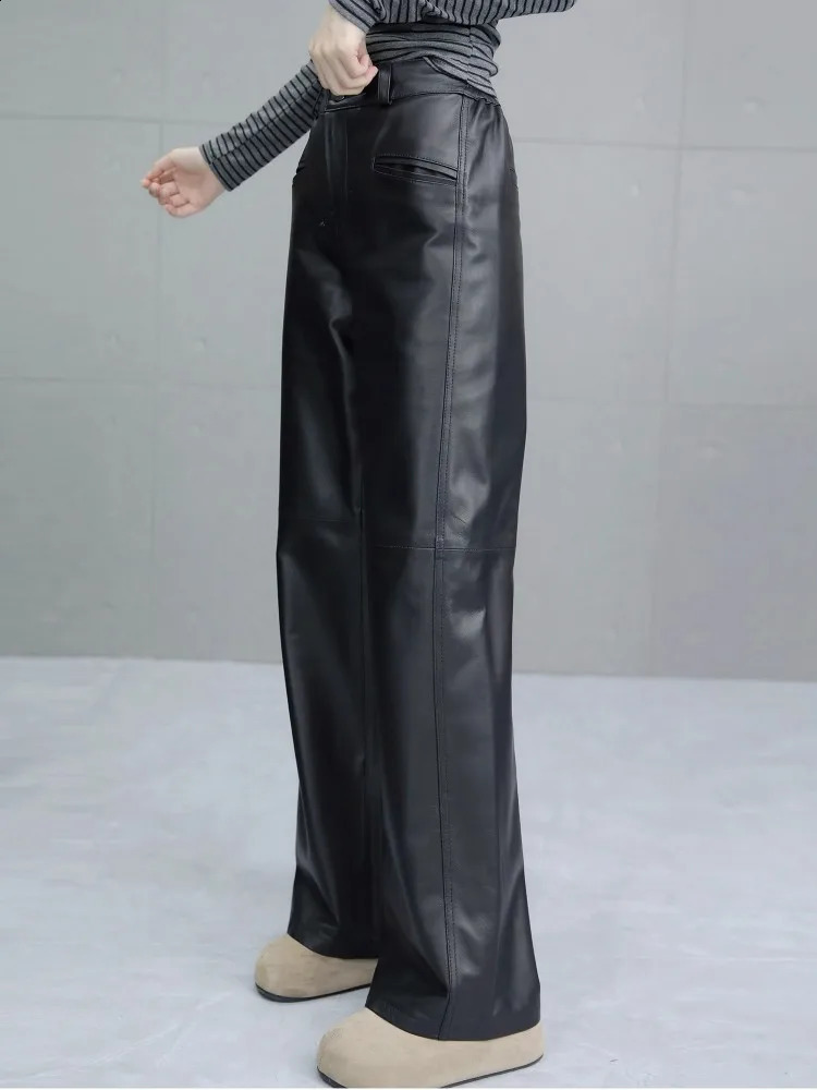 Autumn Black Genuine Leather Women Pants Straightleg Sheepskin Wide Leg Pant Elastic Waist Full Length Casual Trousers 260625 - view 6