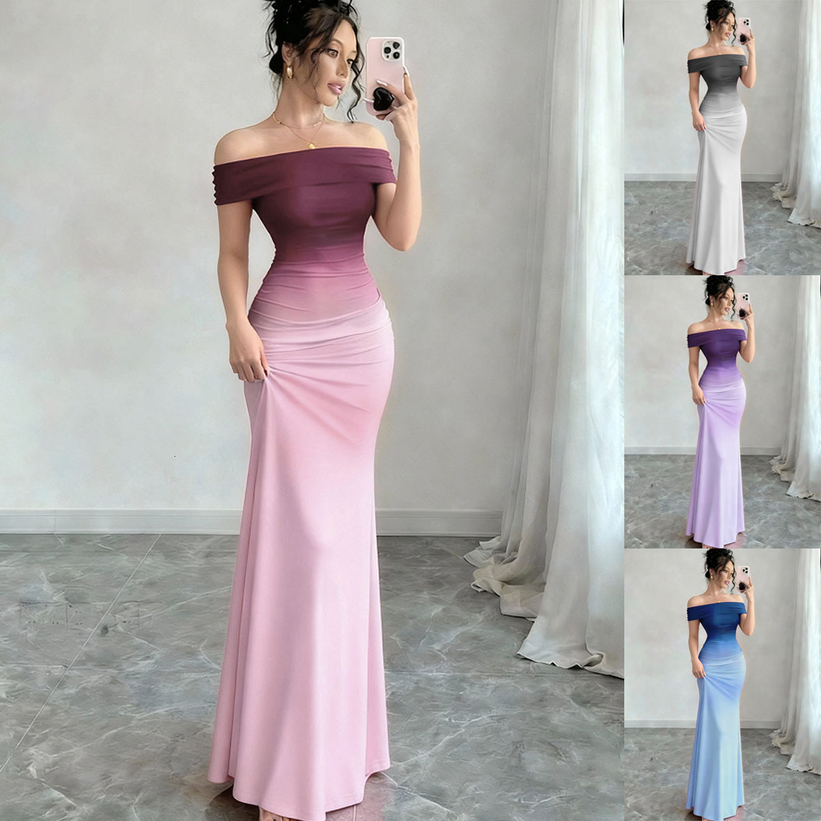 New fashion short-sleeve gradient off-shoulder bodycon long dress for cross-border European and American foreign trade