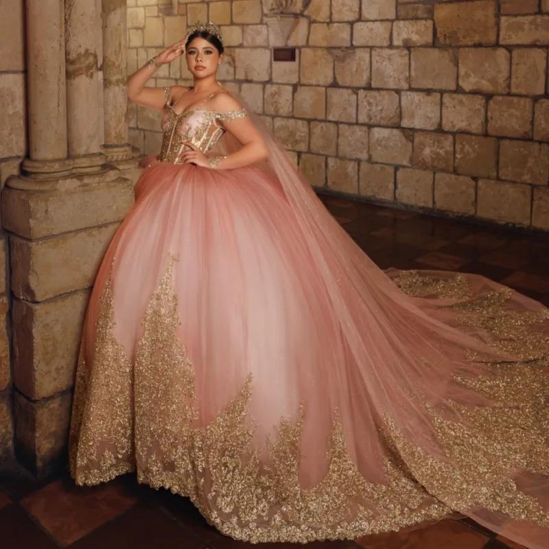 Mauve off-shoulder gown with heavy fishbone beaded lace hem and gradient full skirt Quinceanera semi-luxury dress - view 4