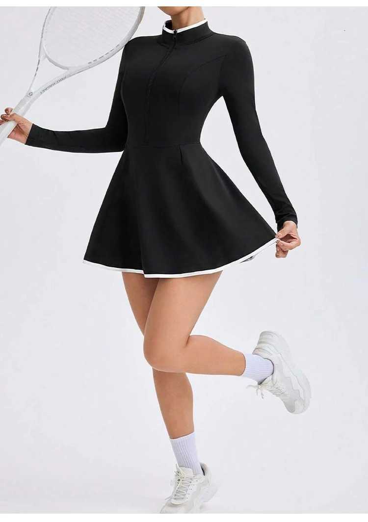 DrESS Womens Sports Long SLEeve Jumpsuits High Waist breathabLE Casual DrESSes with Shorts Slim Fit Collared Sports Skirts M260626 - view 7