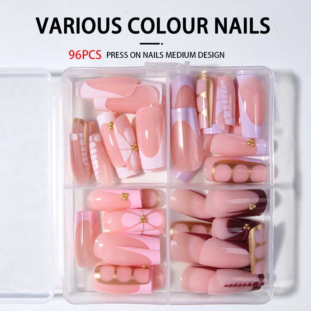 96Pcs4Mixed3D Three-Dimensional Gelnail Makes Flower Nails With Faux Pearl Decorate n Square French Tip Press On Nails Lo 260626 - view 7
