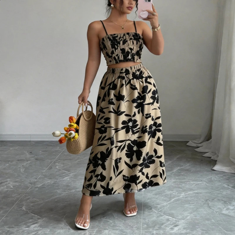 Womens 2 Piece Floral Print Outfit Spaghetti Strap Ruffle Crop Top High Waist Flowy Midi Skirt Summer Beach Vacation Casual Set 260625 - view 5