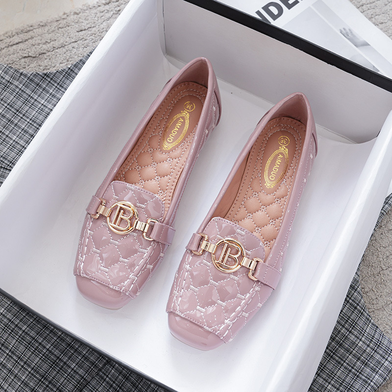 Free Shipping Luxury Casual Shoes Women's B Buckle Square Toe Flat Leather Shoes, Soft Patent Flats with Embroidery Size 33-43 - view 3