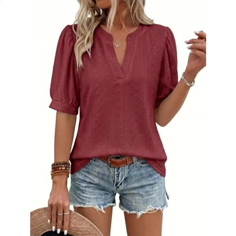 Dokotoo Womens Summer Business Casual Blouses V Neck Short Sleeve Shirts Eyelet Cute Lace Tops 260626 - view 5