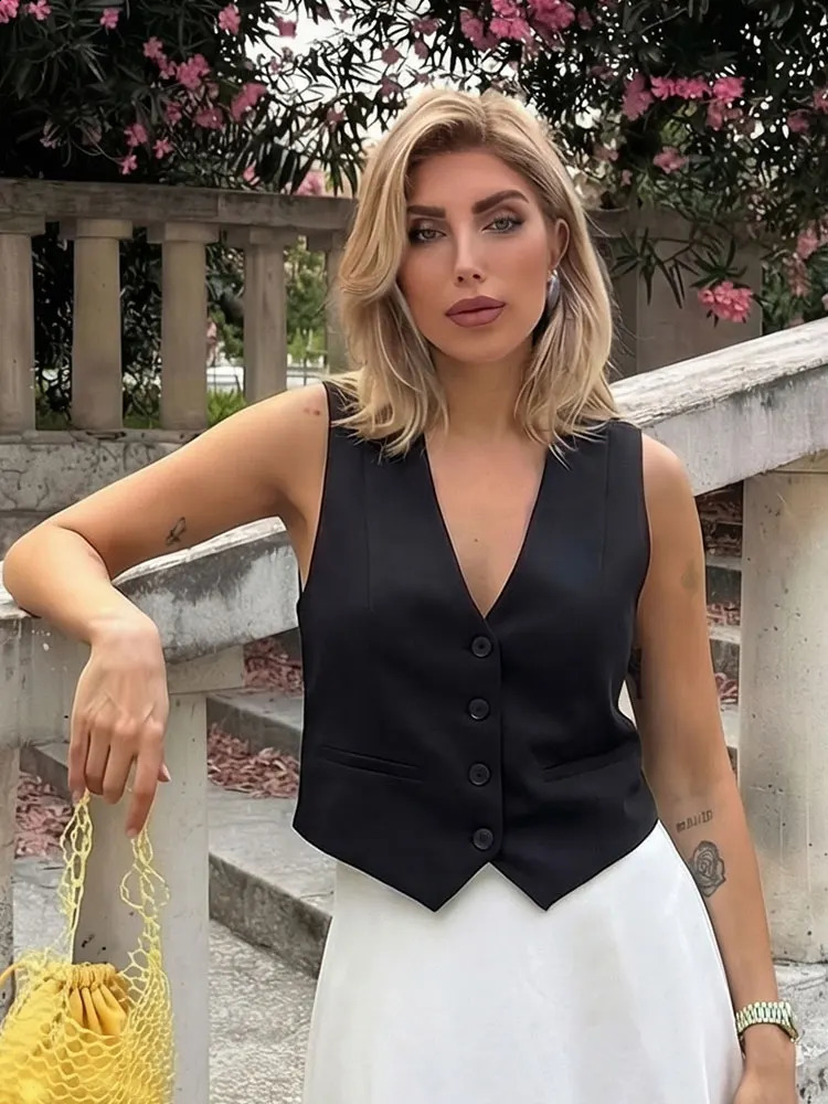 HH Women Fashion Solid Suit Vest Sleeveless Cropped Waistcoat Tops Vests Spring Summer Casual Office Lady Chic 260626 - view 6