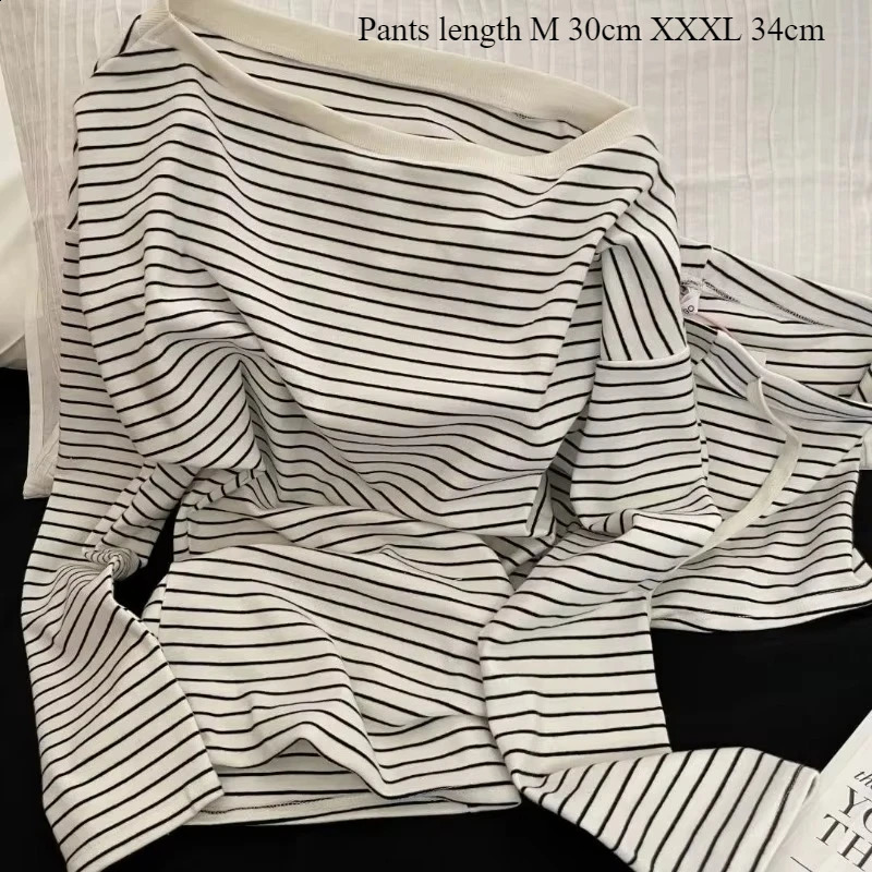2026 Long-sleeved Pajamas with Black and White Stripes and Off-the-shoulder Korean Style Shorts for Women Home Wear Set 260626 - view 3