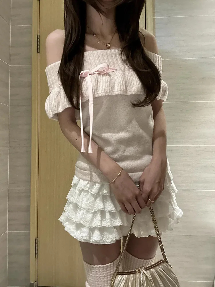 2026 Summer Japanese Sweet Style Bow Tie Off Shoulder Long Sleeve Cami Top Lace Trim Elegant Mini Skirt Two Piece Set Y2K Cute 260625 - view 3