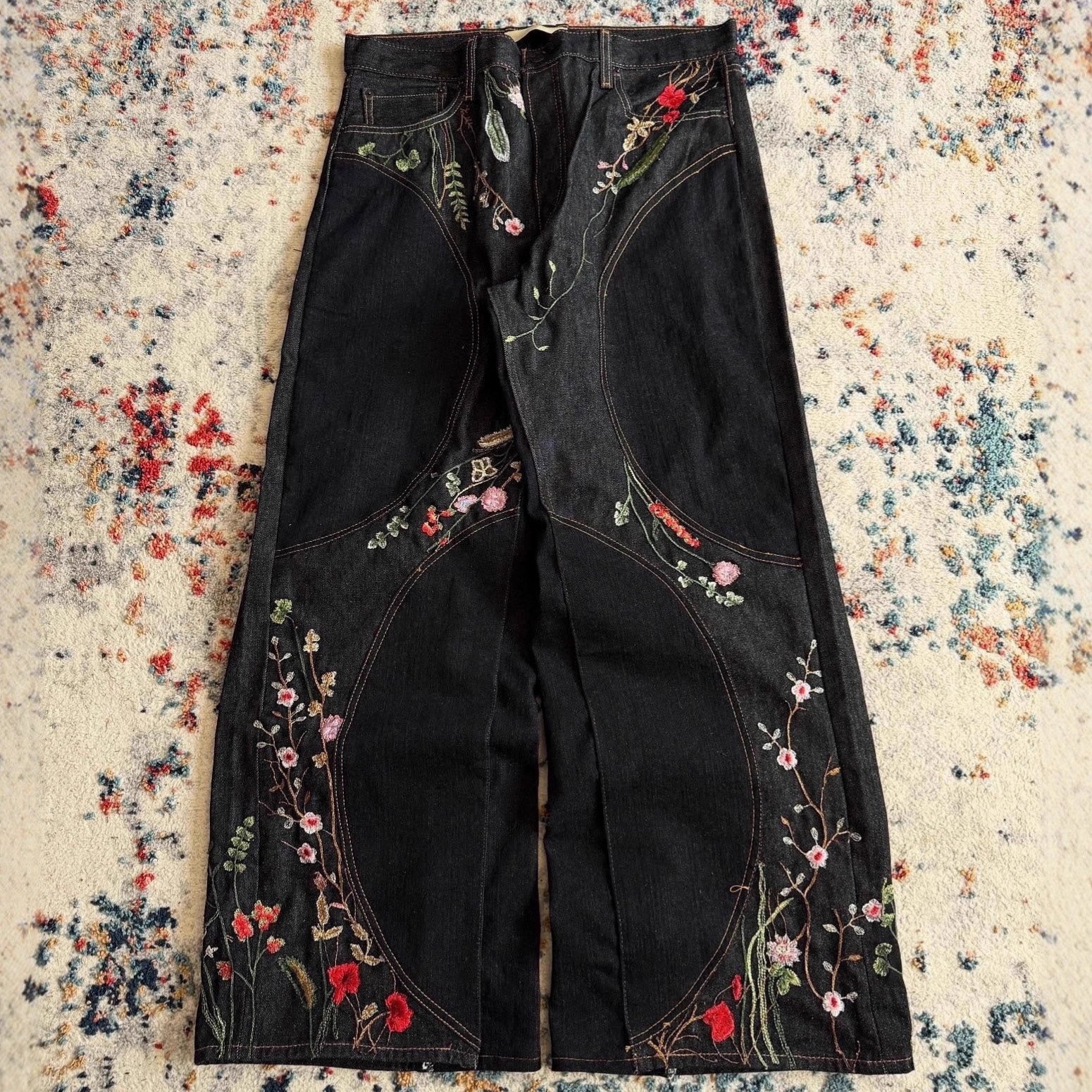 European and American style Y2k loose wide leg patch design, long floral embroidered jeans, men's and women's floor standing fashionable pan
