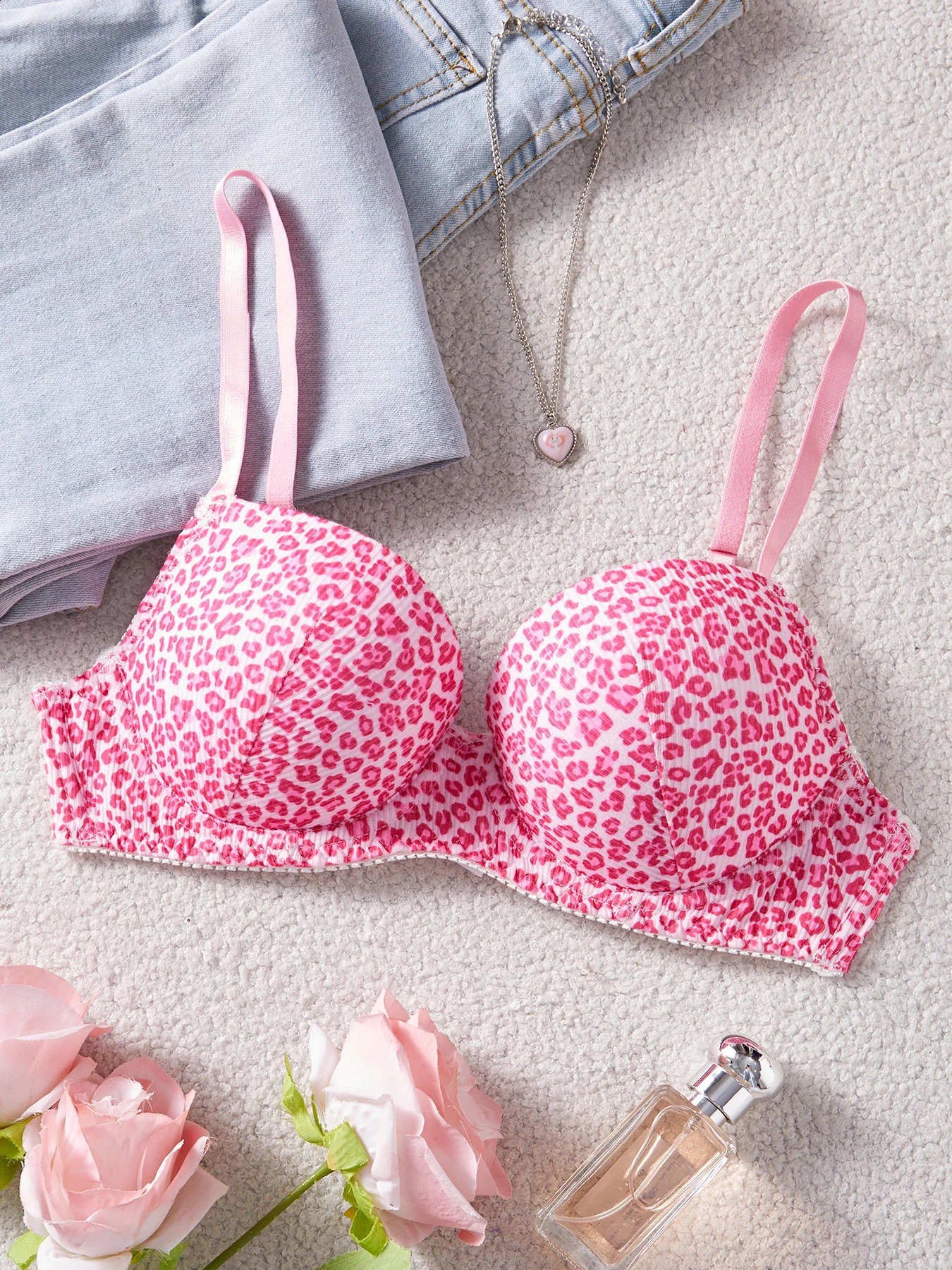 Single Piece Pink Leopard Print Bra Adorable Daily Wear Gathered Effect Feminine Underwear Comfortable for Women 260626 - view 3