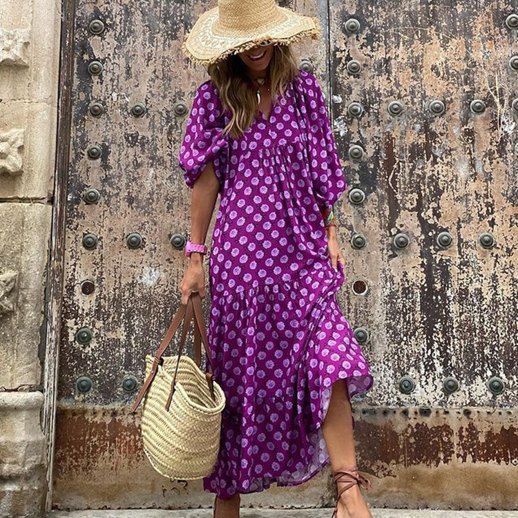 Womens Plus Size Mini Dress Womens Geometric Print Puff Sleeve Street Style Loose Soft Short Gown For Women Daily Autumn Holiday Shopping Outfits - view 5