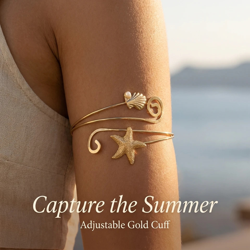 Boho Gold Color Starfish Shell Upper Arm Bracelet for Women Iron Texture Musical Note Pearl Bangle Summer Jewelry Gift 260625 - view 5
