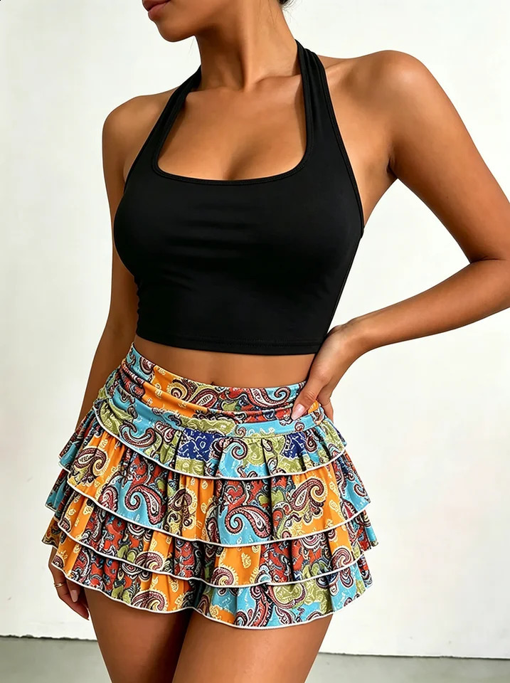 Womens clothing set solid color hanging neck backless vest topelastic waist geometric printed half skirt short 260625 - view 6