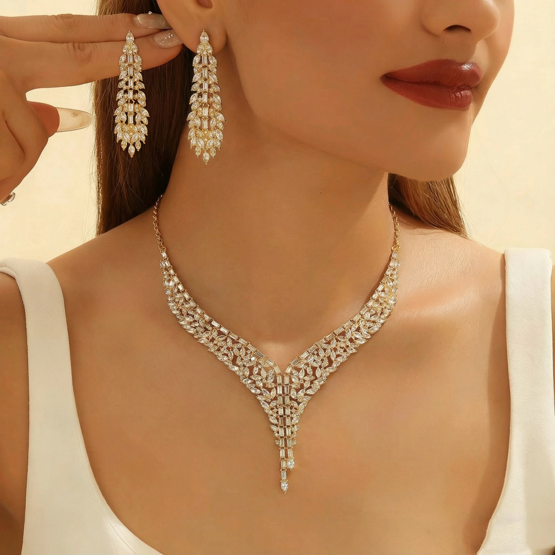 18K Gold Plated Full Zircon 2Pcs Jewelry Set V Tassel Bib Necklace Water Drop Long Dangle Earrings For Women - view 3