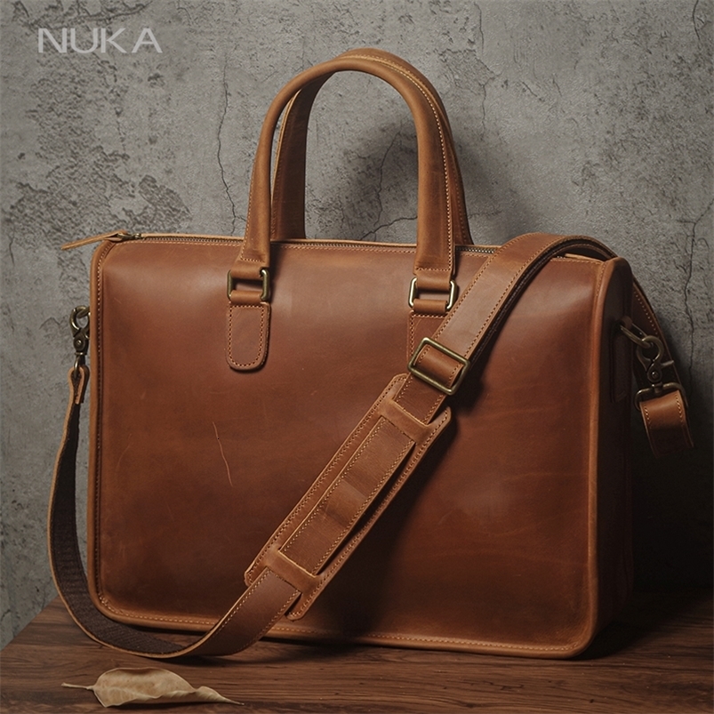 Mens Executive Briefcase High Quality Leather Business Handbag Retro Original Cowhide Shoulder Bag For 15 Inch Laptop y260611