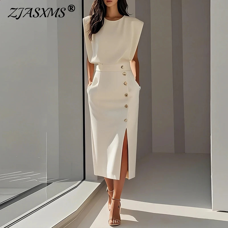 Summer Fashion O Neck Split Women Dress Elegant Solid Slim Button Party Dress Casual Sleeveless High Waisted Office Lady Dresses 260626