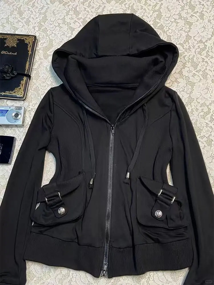 Gothic Black Hoodie Women American Retro 90s Punk Pocket Multifunctional Pattern Sweatshirt Hoodie Fashion Casual Cardigan 260626
