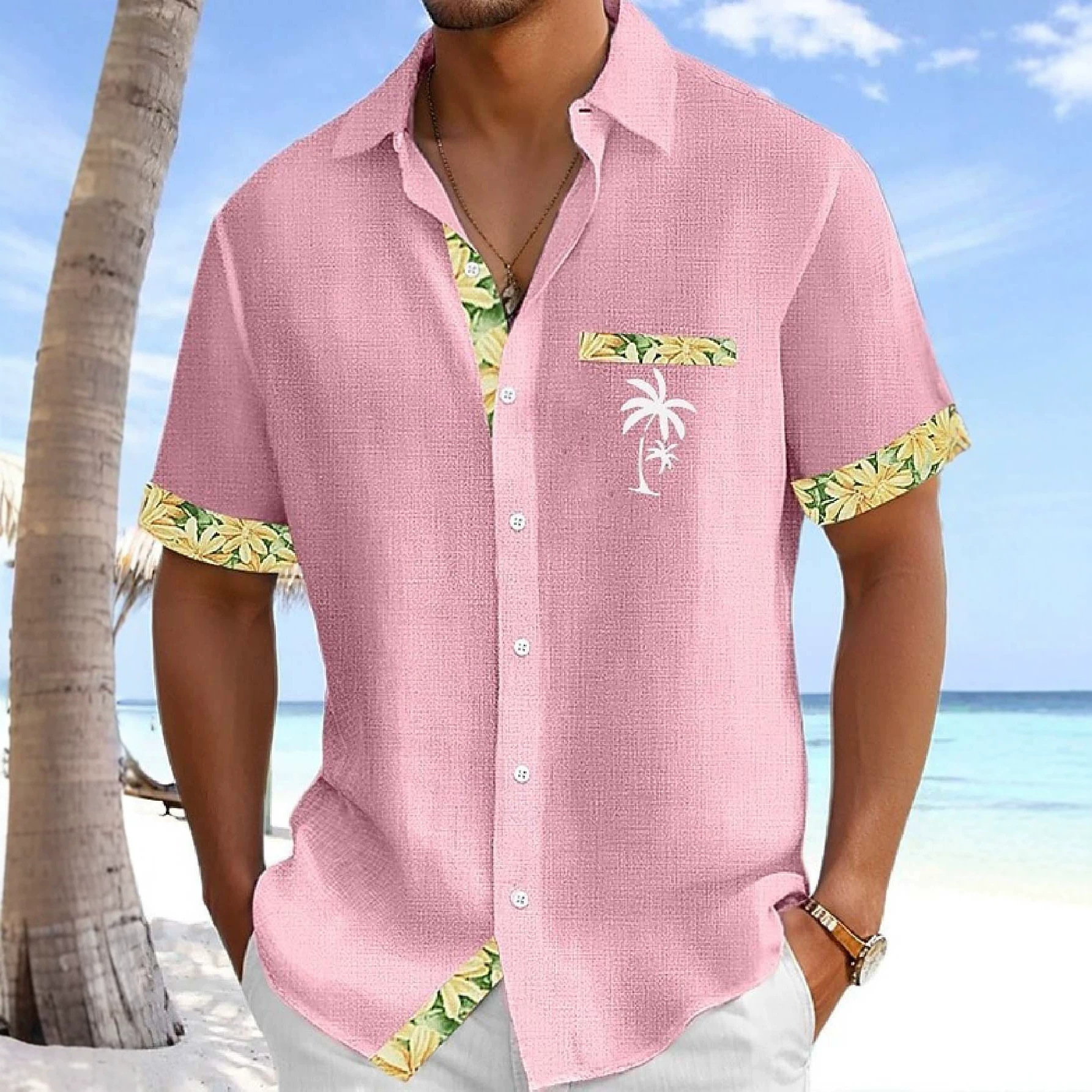 European American Style Refreshing Island-Style Men's Short-Sleeve Shirt With Plumeria Trim, - view 4