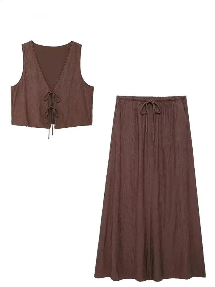 HH Women Vintage Solid Skirt Sets Bow LaceUp Short Vest Top Loose Drawstring Midi Skirts Summer Female Streetwear Outfit 260625 - view 7
