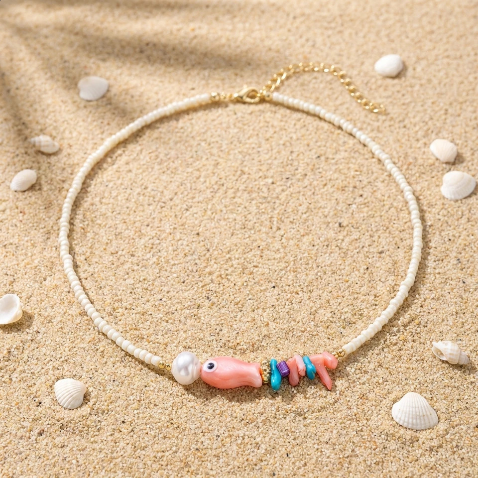 Boho White Rice Beaded Necklace for Women Cute Fish Pearl Colorful Pendant Choker Summer Beach Y2K Collar Jewelry Gift 260626 - view 6