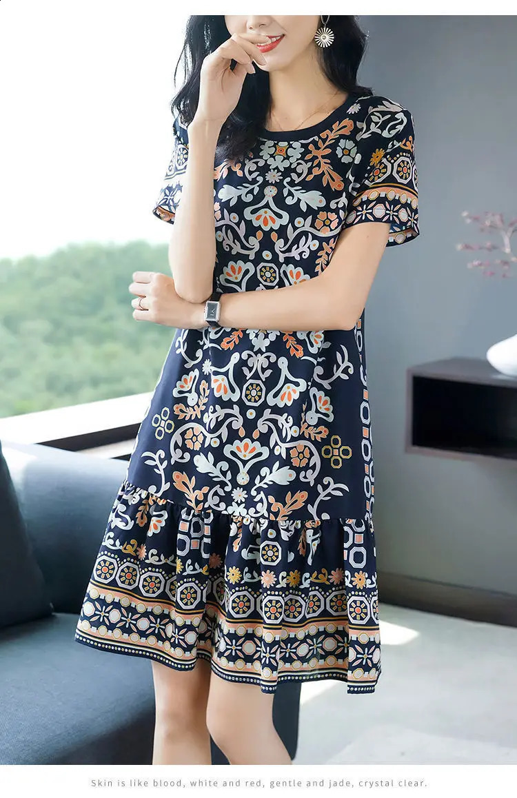 Plus Size Womens Summer Elegant Casual Round Neck Short Sleeve Dress Loose ALine Printed Office Lady Fashion 260625 - view 5