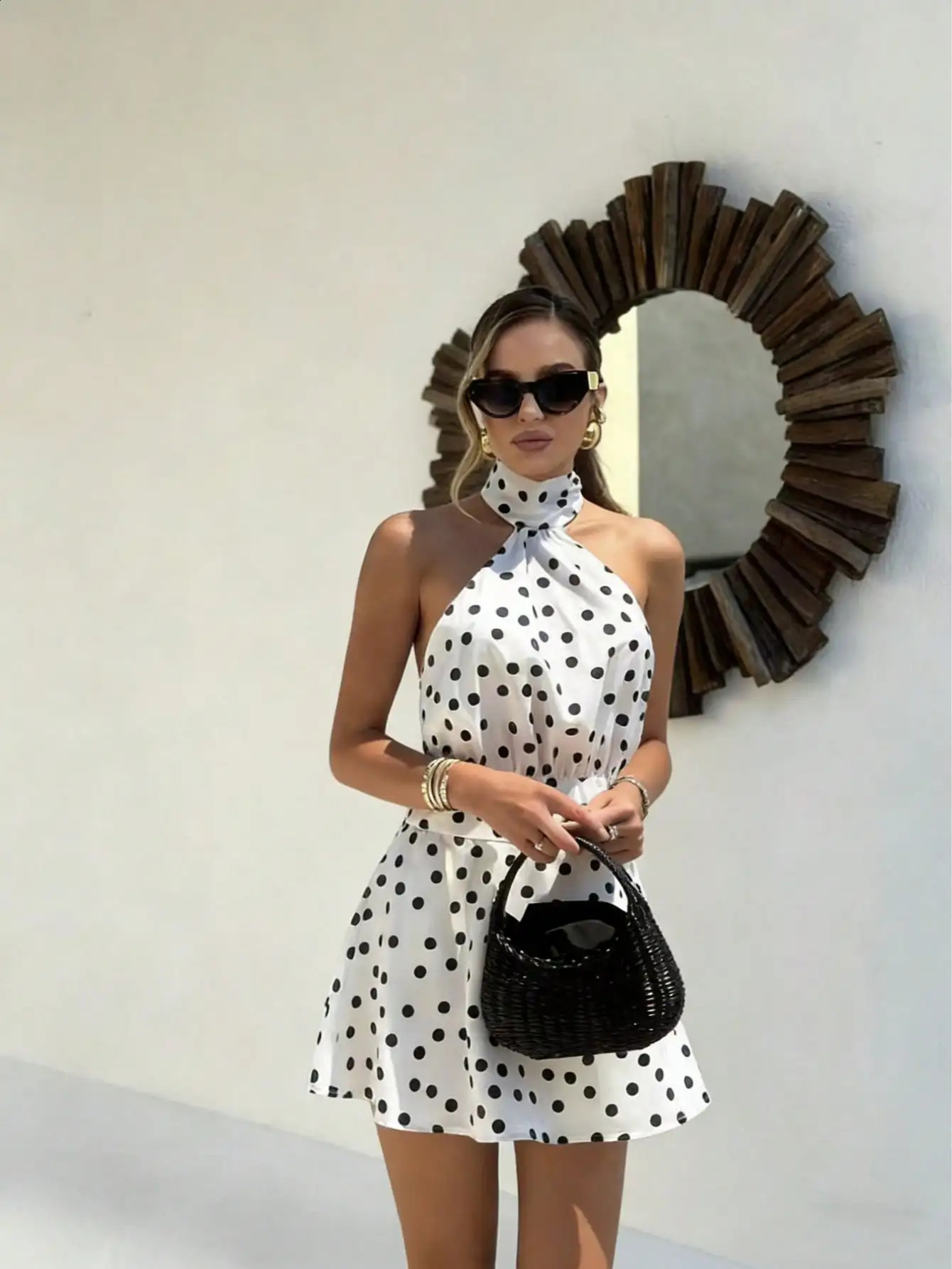 Womens Black White Polka Dot Printed Strapless Backless Dress Minimalist A-Line Hem Casual Party Short Dress 260626 - view 6