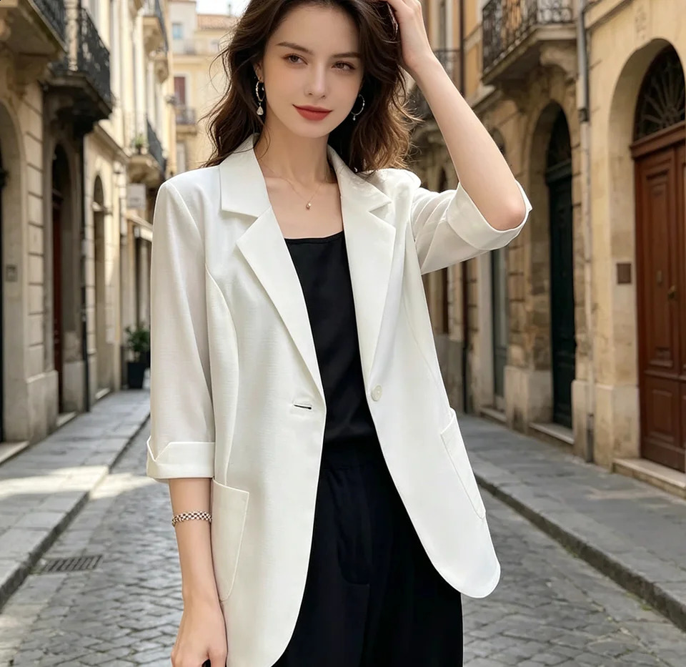 2026Summer Thin White Blazer Women 34 Sleeve Loose Fit Office Suit Jacket Elegant Business Formal Work Coat 260626 - view 4