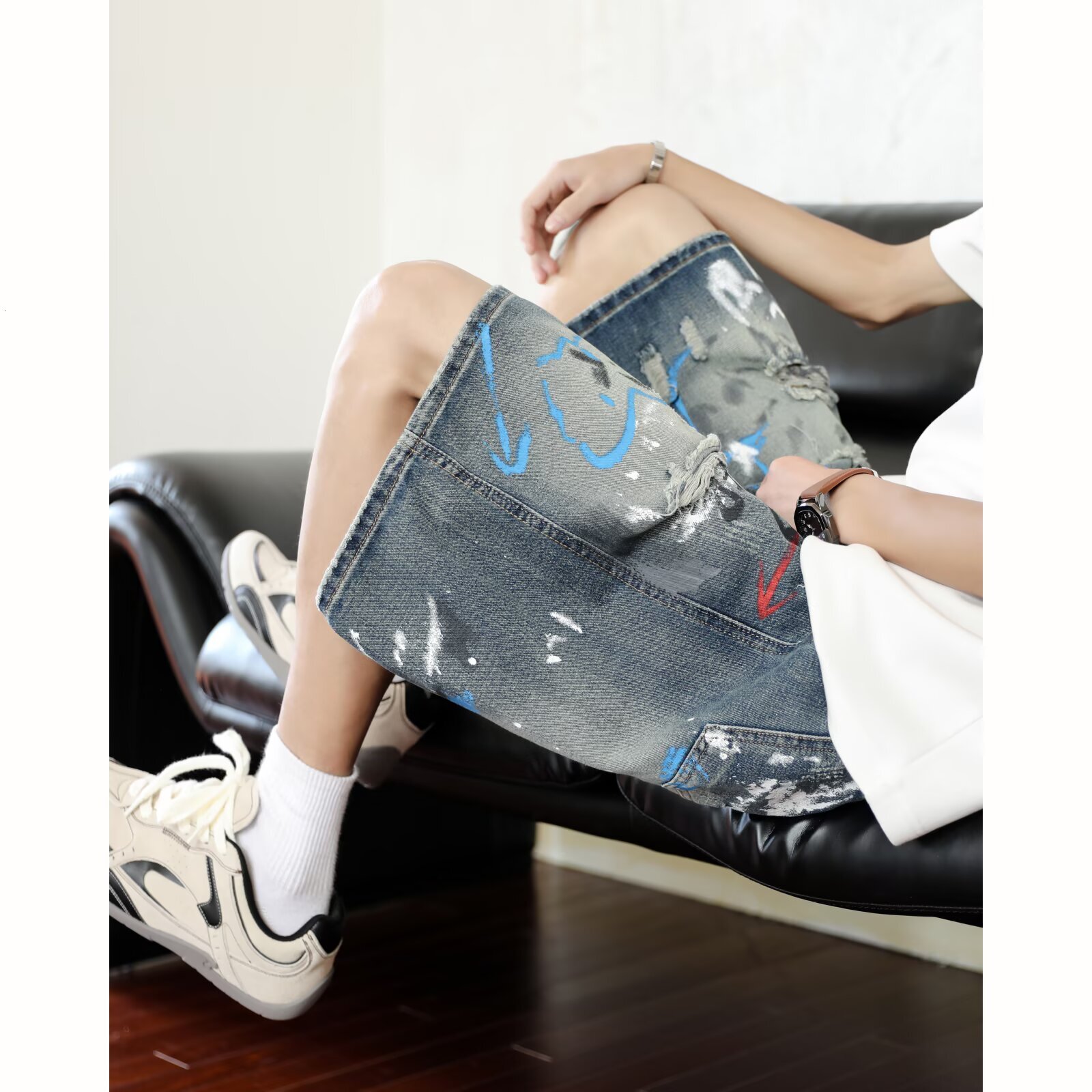 Summer New Graffiti Print Ripped Denim Shorts For Men, Casual Mid-Length Pants From Trendy Brand - view 5