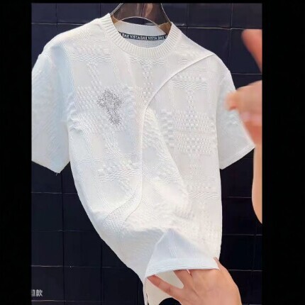2026 Summer New Men's Hollow Knit Short Sleeve T-Shirt With Luxurious Sequin Cross Design, Fashionable And Versatile Men Round-Neck Pullover - view 5