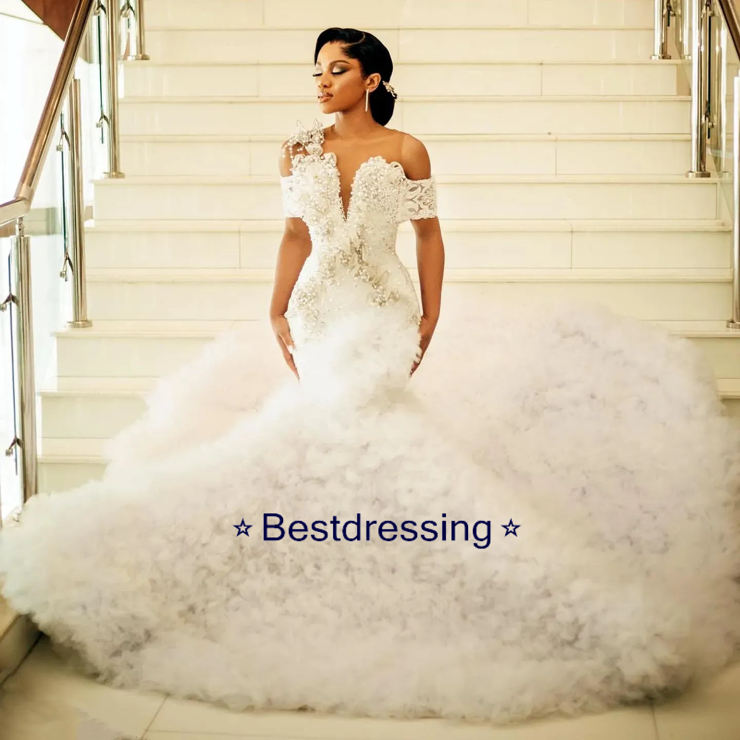 Ivory Mermaid Wedding Dresses Florals Pearls Beaded Crystals Lace Tiers Bridal Gowns Dress Bd626