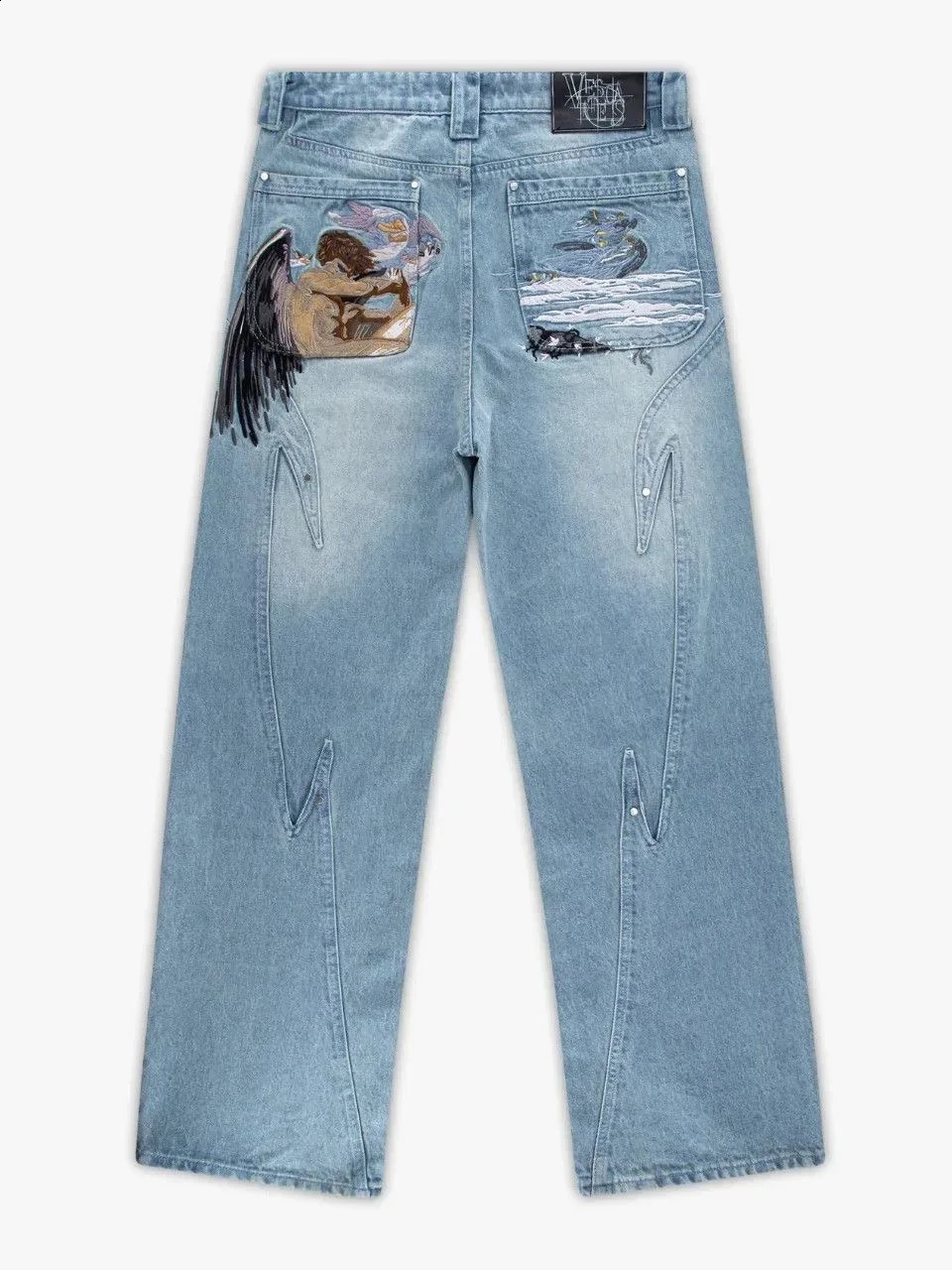 Y2K Black Baggy Cargo Jeans Men Horse Back Pocket Embroidery Cursive Wild Ride Distressed Cut Out Wide Leg Casual Denim Trouser 260625 - view 5