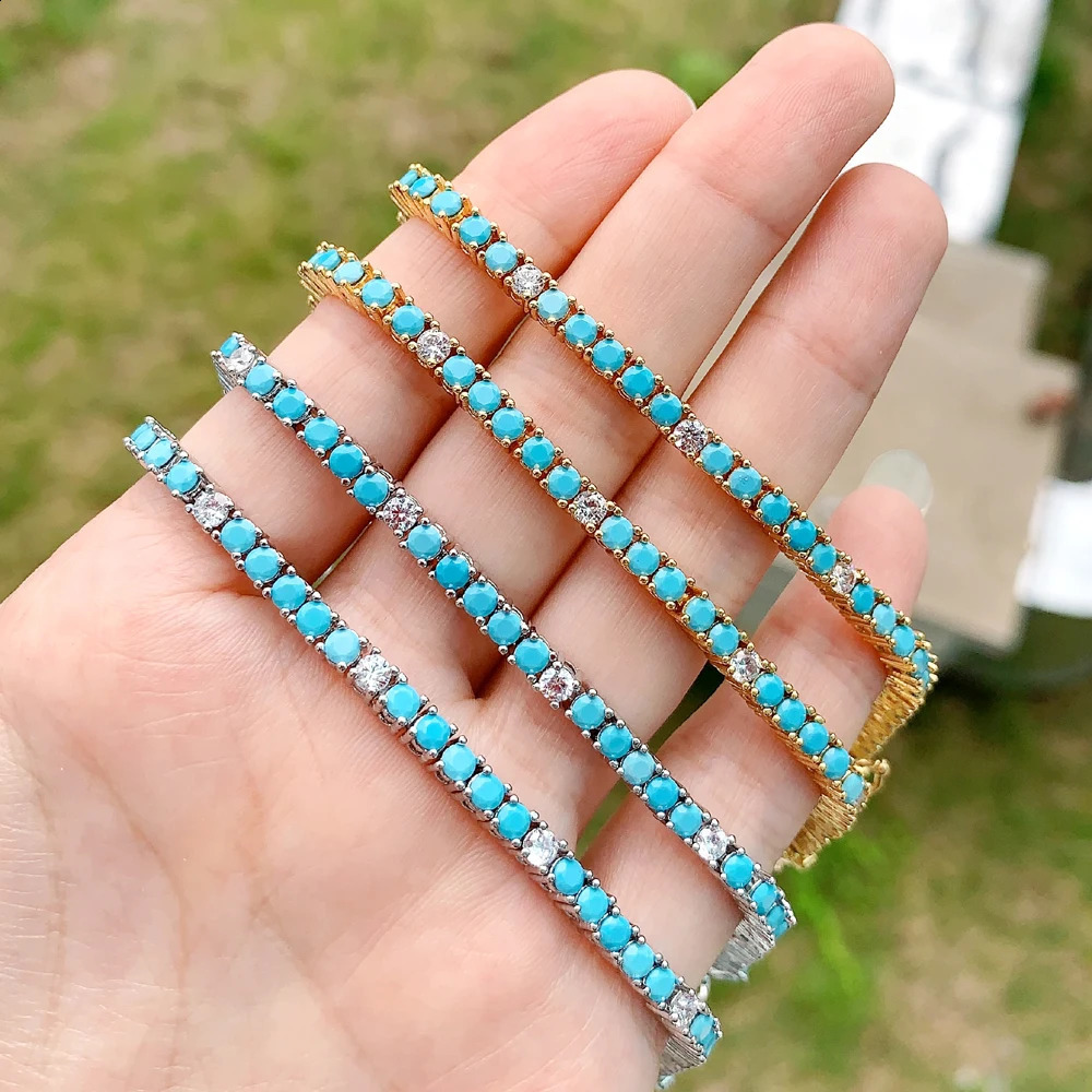 2025 Arrive 3mm Turquoises Bracelet Women Clear Cz Paved Beaded Tennis Chain Bracelet Handmade Jewelry 260626 - view 7