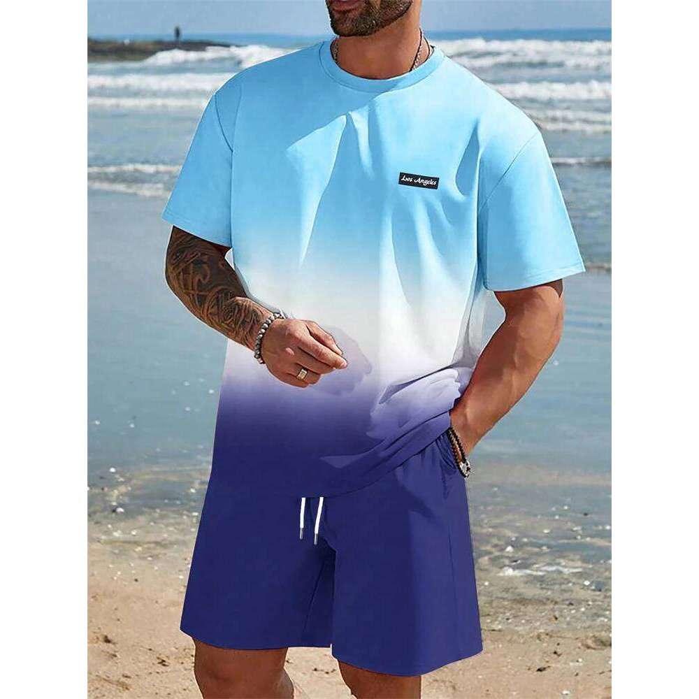 Summer Sportswear Fashion Casual Short Sleeve Vacation Style Gradient Printing Men's T-Shirt Shorts Suit Menswear 26Y0626 - view 4