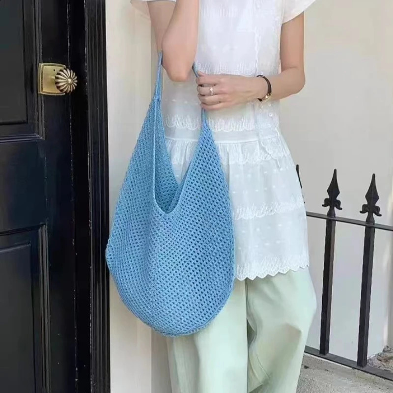 Fashion Womens Hollow Woven Shoulder Bags Large Capacity Knitting Underarm Bag Solid Crochet Tote Handbag Summer Mesh Beach Bag 260626 - view 6