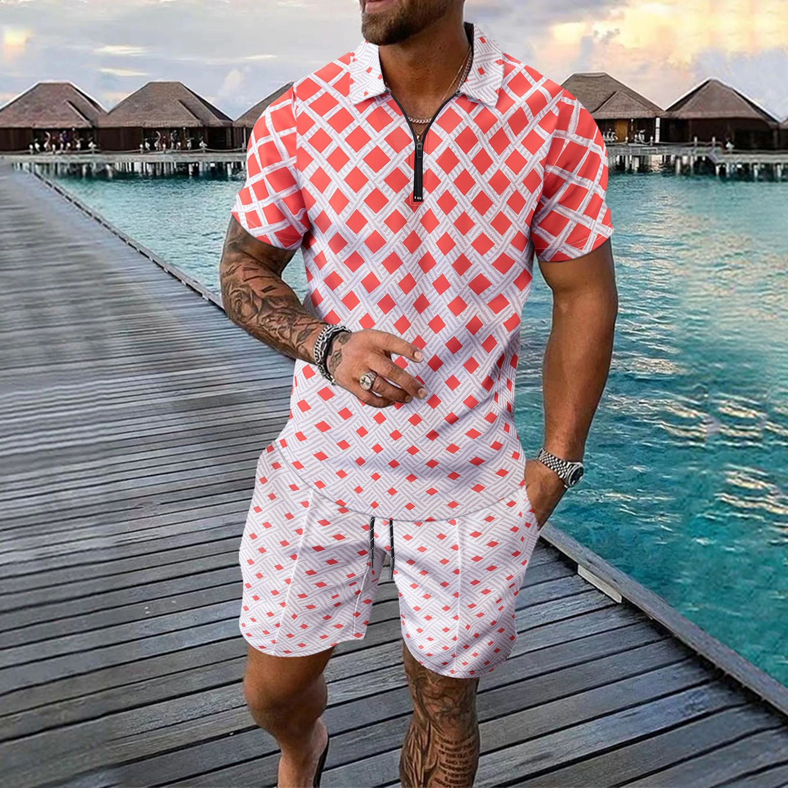 Interesting Mens Short Sleeved Set 3D Checkered Printed Fashionable Zipper Polo Shirt Suit Loose Summer T-shirt Set Ropa Hombre 260618 - view 6