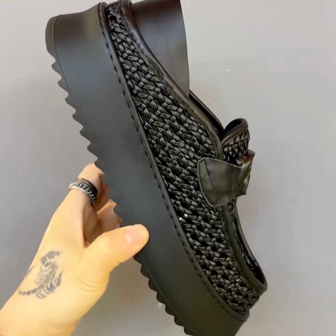 Men Hollow Woven Platform Loafers Metal Chain Slip On Mules Thick Sole Height Boost Breathable Summer Casual Shoes - view 4