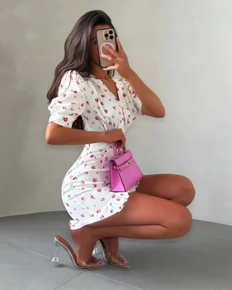 Women Rose Floral Print Mini Dress Fashion Vneck Puff Sleeve Waistband Ruffle Hem Casual Dresses 2026 Summer Lady Holiday Gowns 260625 - view 6