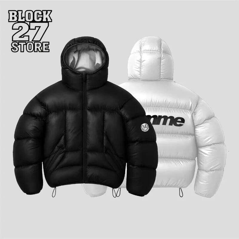 Men Shiny Puffer Jacket Back Homme Letter Print Hooded Down Oversized Warm Winter Couple Bubble Coat Black White Unisex New W260626 - view 1