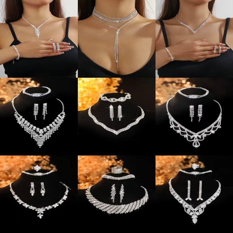 Fashion Jewelry Glass Zircon Party Necklace Earrings Exquisite Collarbone Necklace Multiple Styles Center Stones To Choose From Suitable For Different