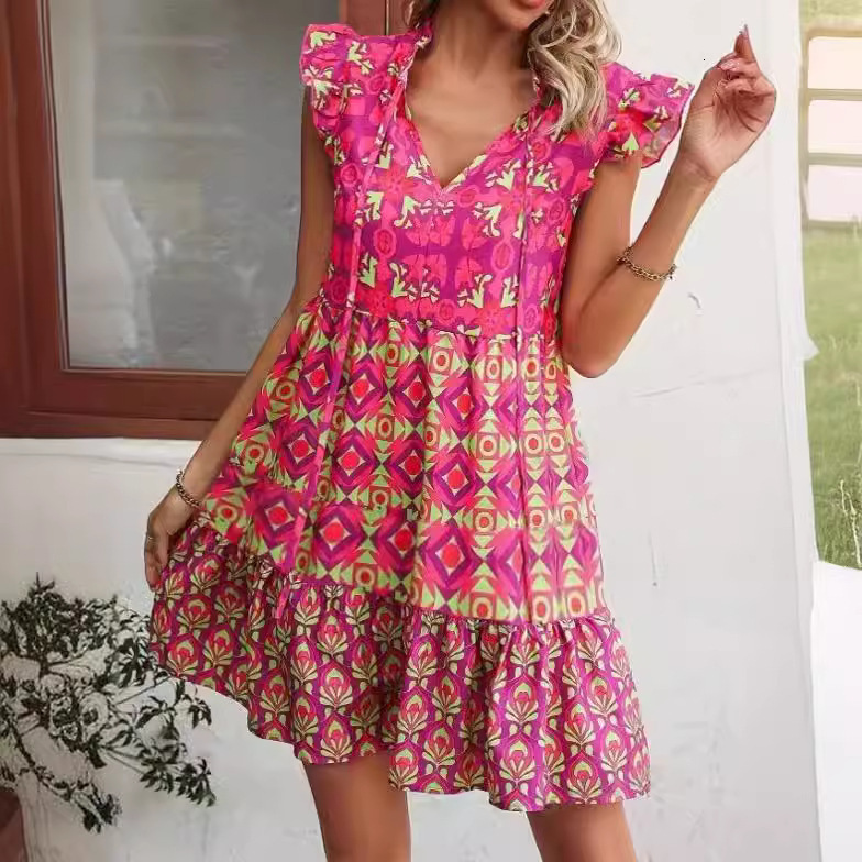 Womens Floral Mini Dress Womens Flutter Sleeve Deep V Tie Waist Thin Soft Summer Gown For Women Daily Beach Romantic Date Party Outfits - view 3